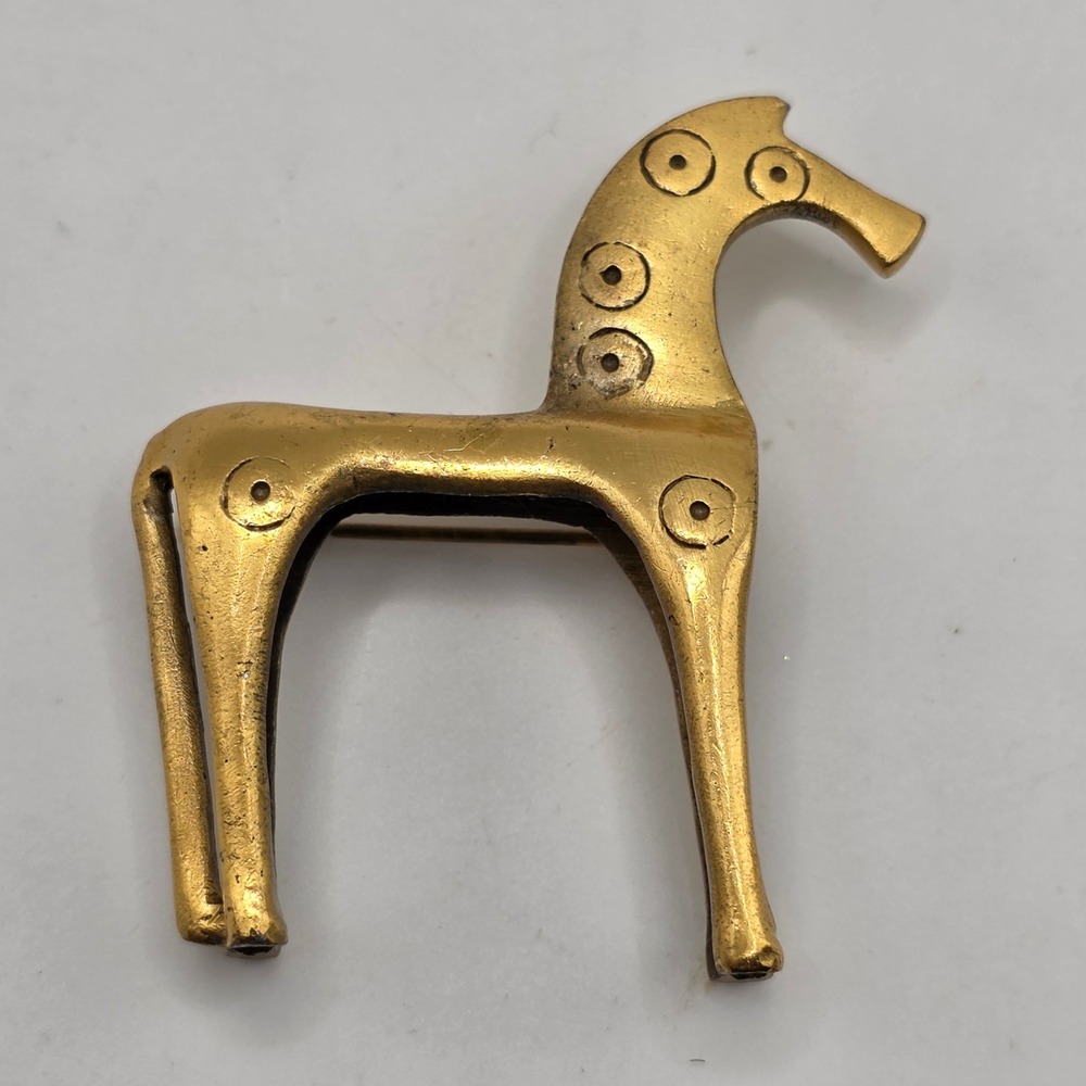 Vintage Fine Arts Museum Green Mythical Gold Trojan Horse Brass Pin 2 " BROOCH